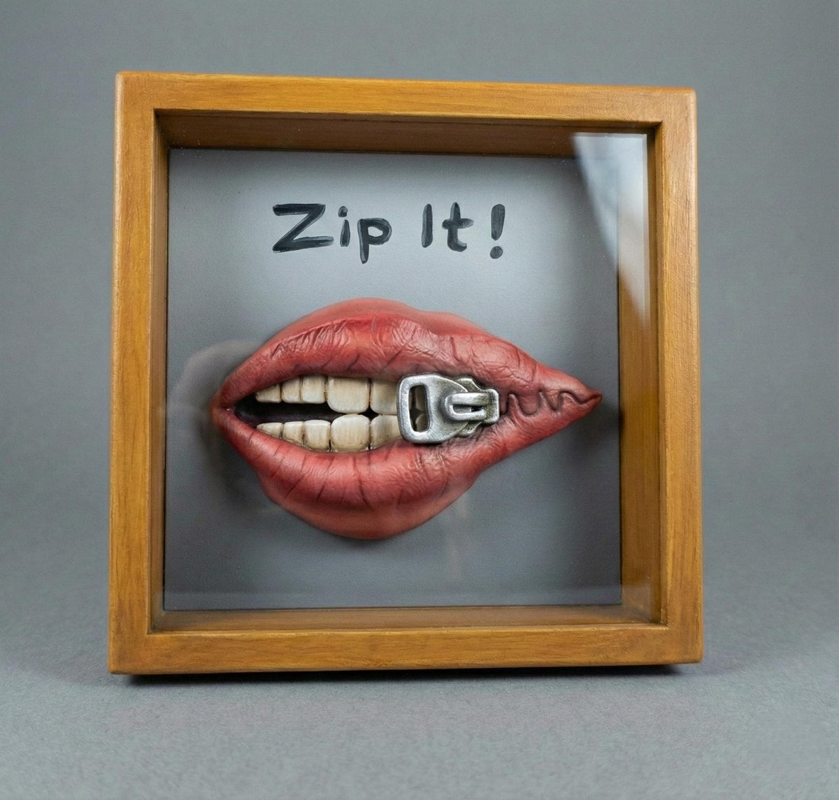 Hand-Painted "Zip It!" Shadow Box | 3D Red Lips Pop Art