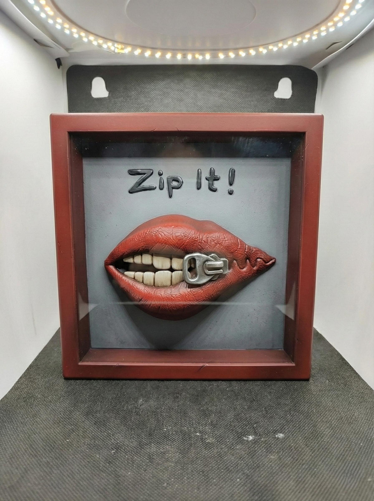 Hand-Painted "Zip It!" Shadow Box | 3D Red Lips Pop Art