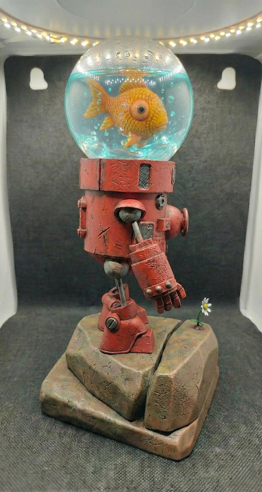 Hand-Painted Robot Sculpture with Goldfish | Whimsical Sci-Fi Art