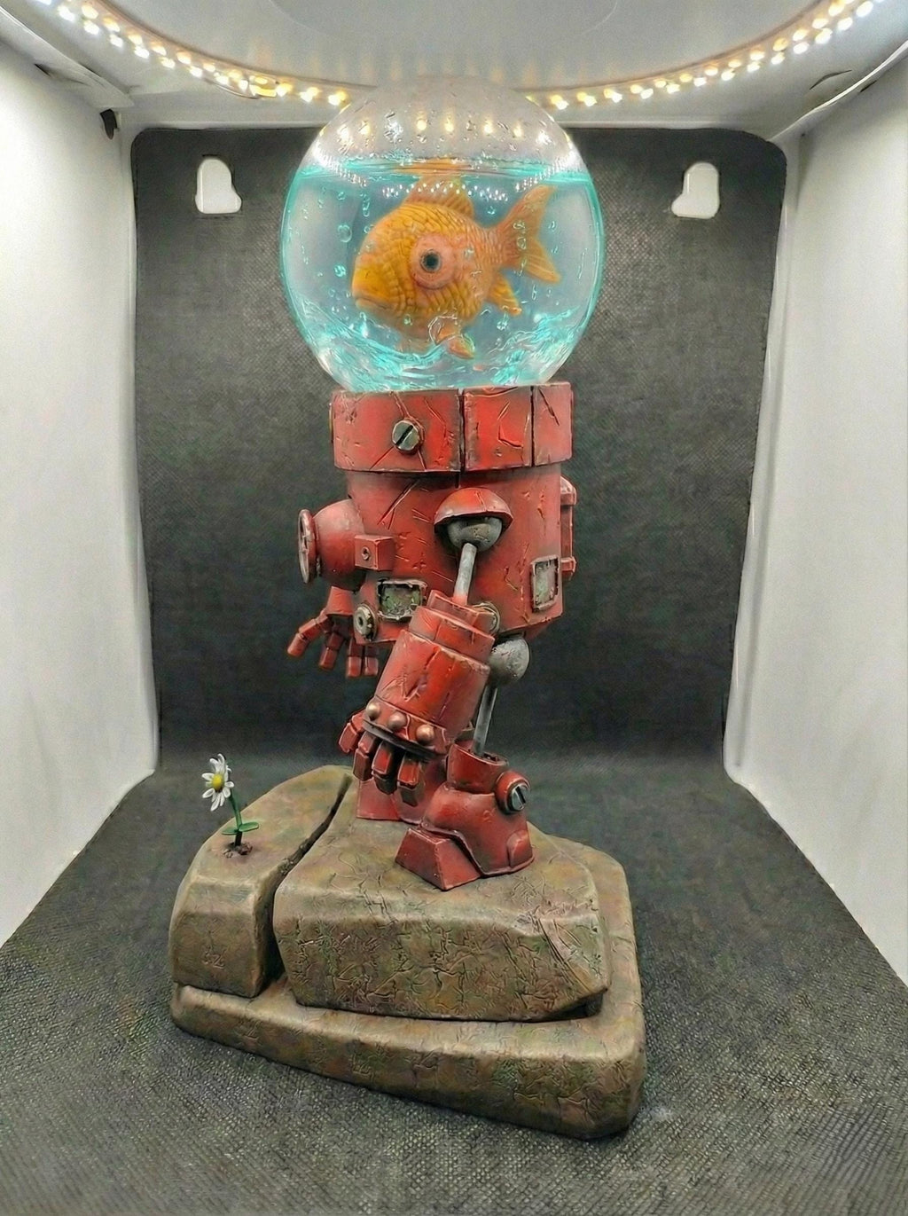 Hand-Painted Robot Sculpture with Goldfish | Whimsical Sci-Fi Art