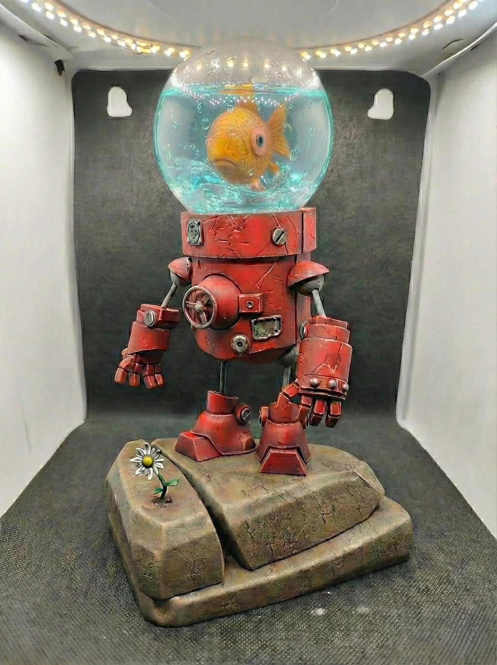 Hand-Painted Robot Sculpture with Goldfish | Whimsical Sci-Fi Art