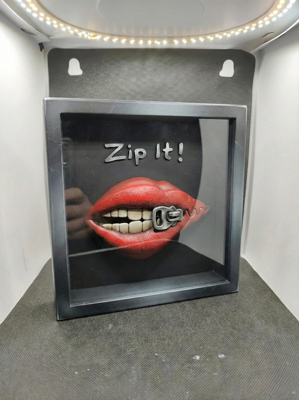 Hand-Painted "Zip It!" Shadow Box | 3D Red Lips Pop Art