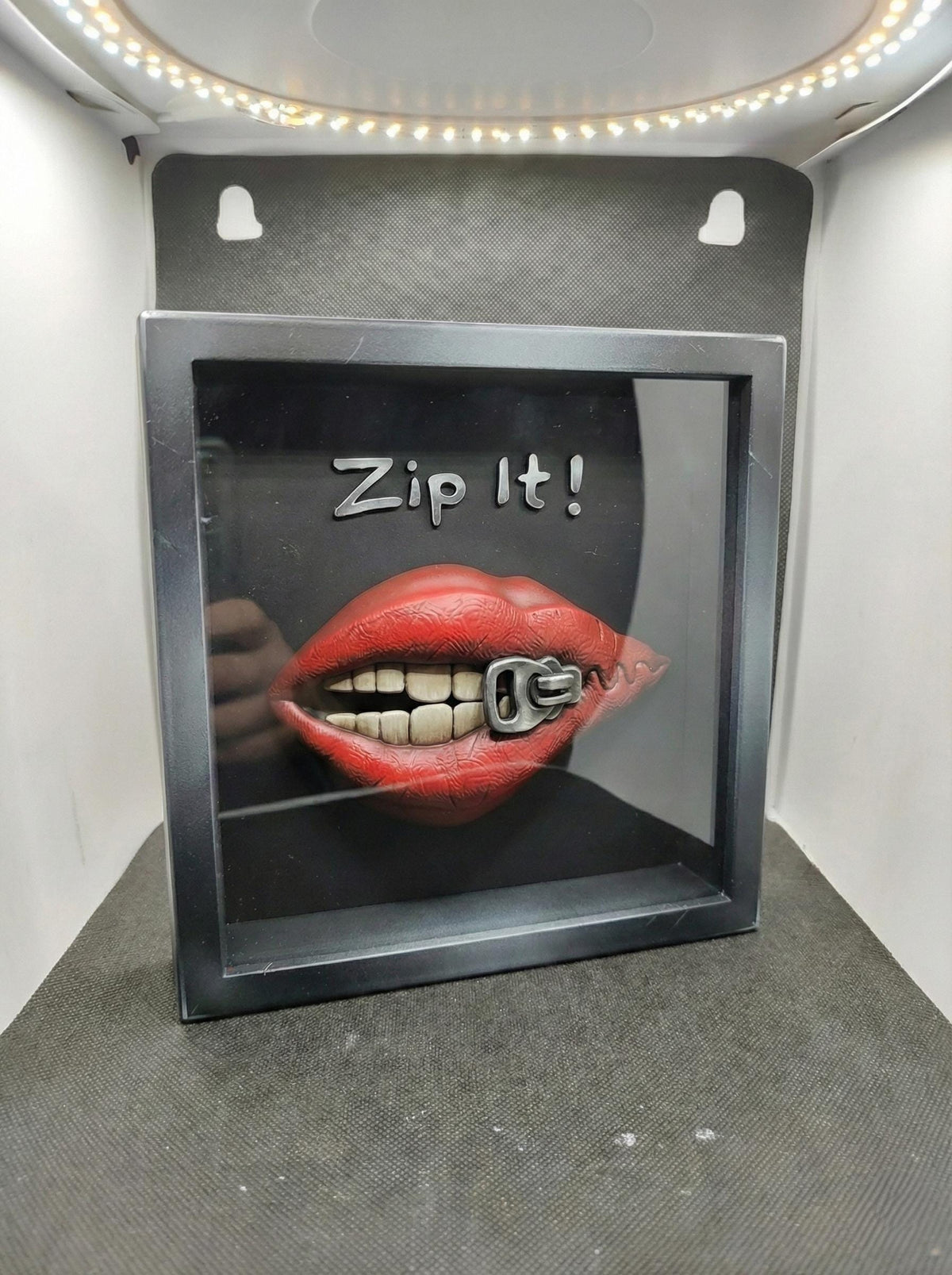 Hand-Painted "Zip It!" Shadow Box | 3D Red Lips Pop Art