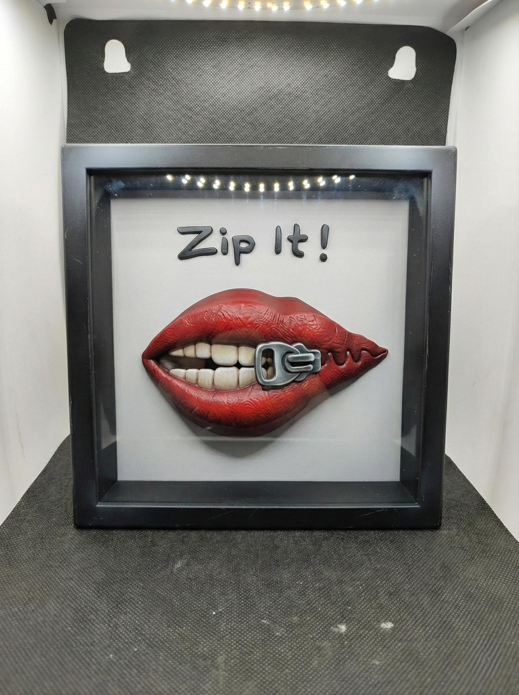 Hand-Painted "Zip It!" Shadow Box | 3D Red Lips Pop Art