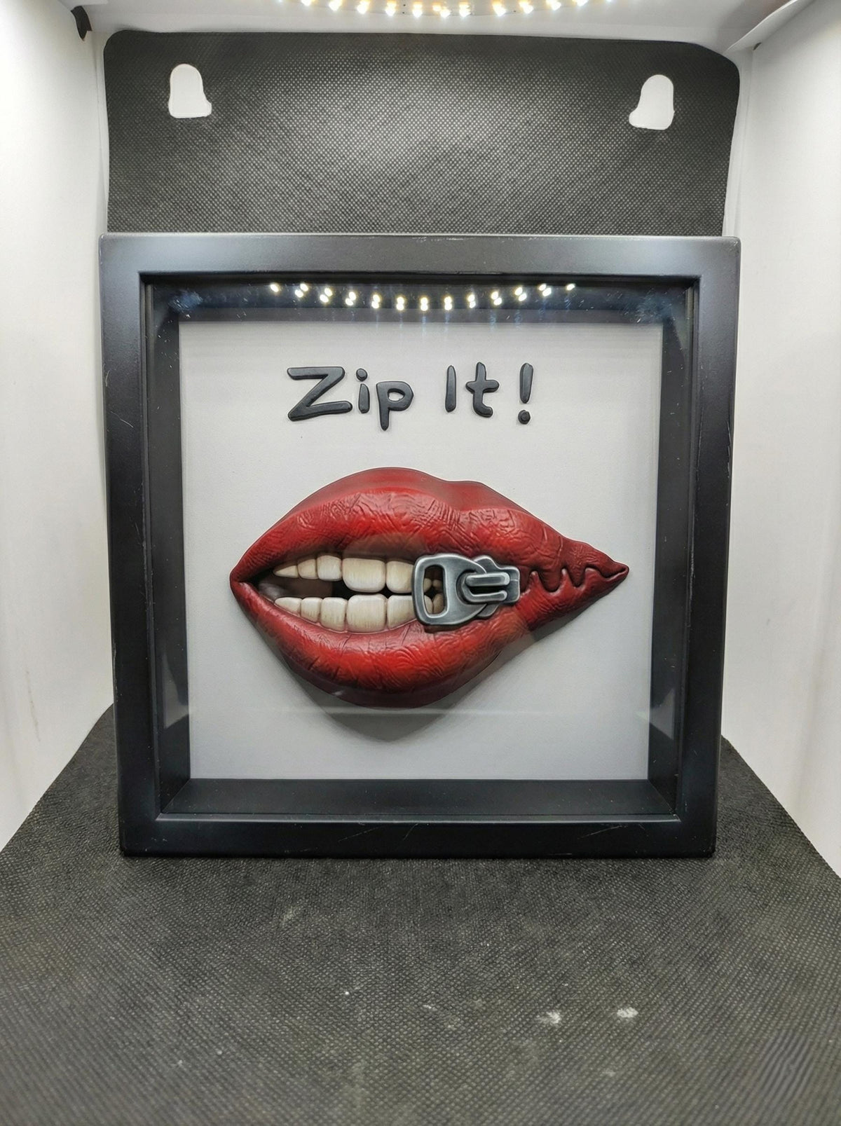 Hand-Painted "Zip It!" Shadow Box | 3D Red Lips Pop Art