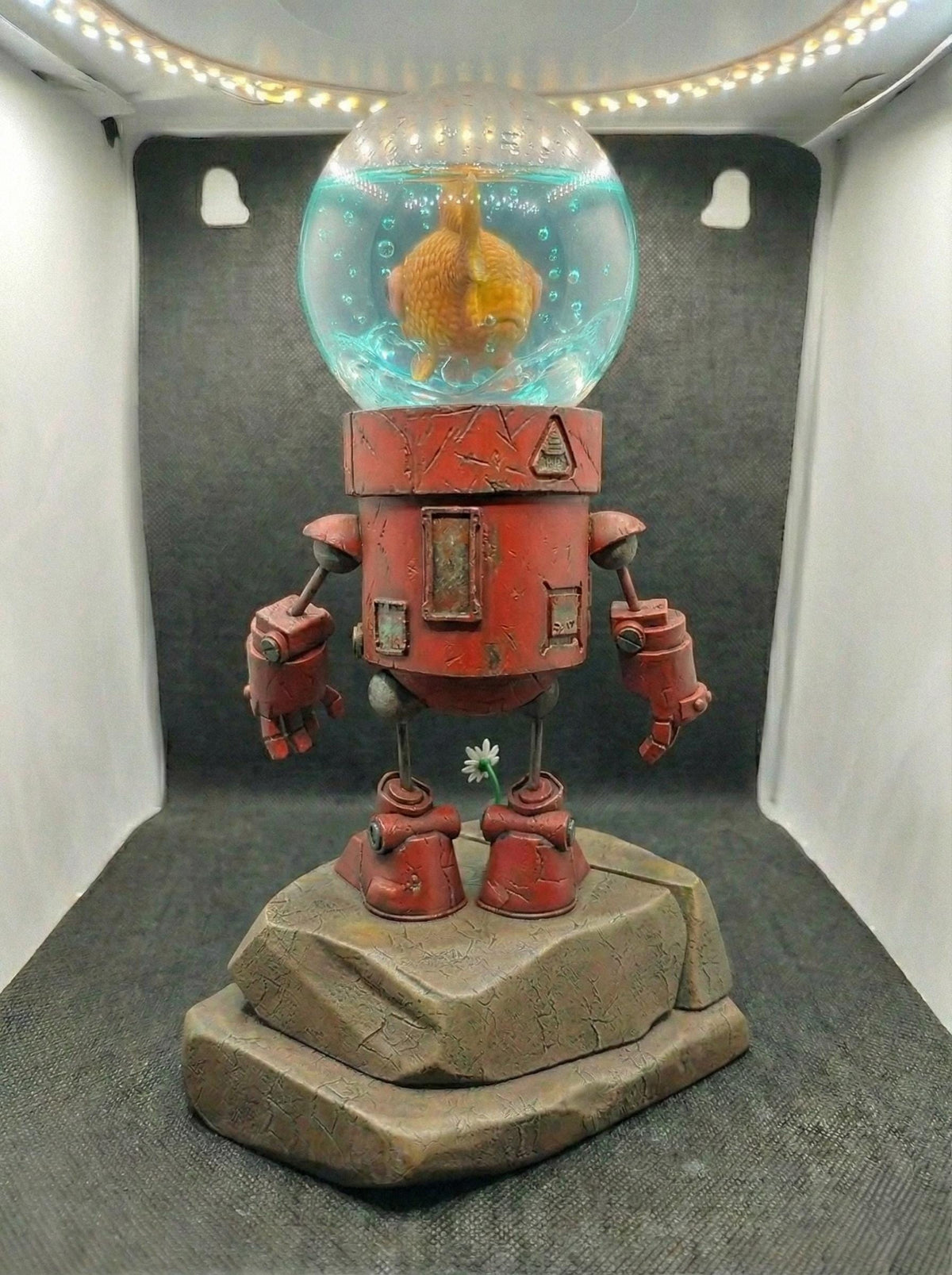 Hand-Painted Robot Sculpture with Goldfish | Whimsical Sci-Fi Art