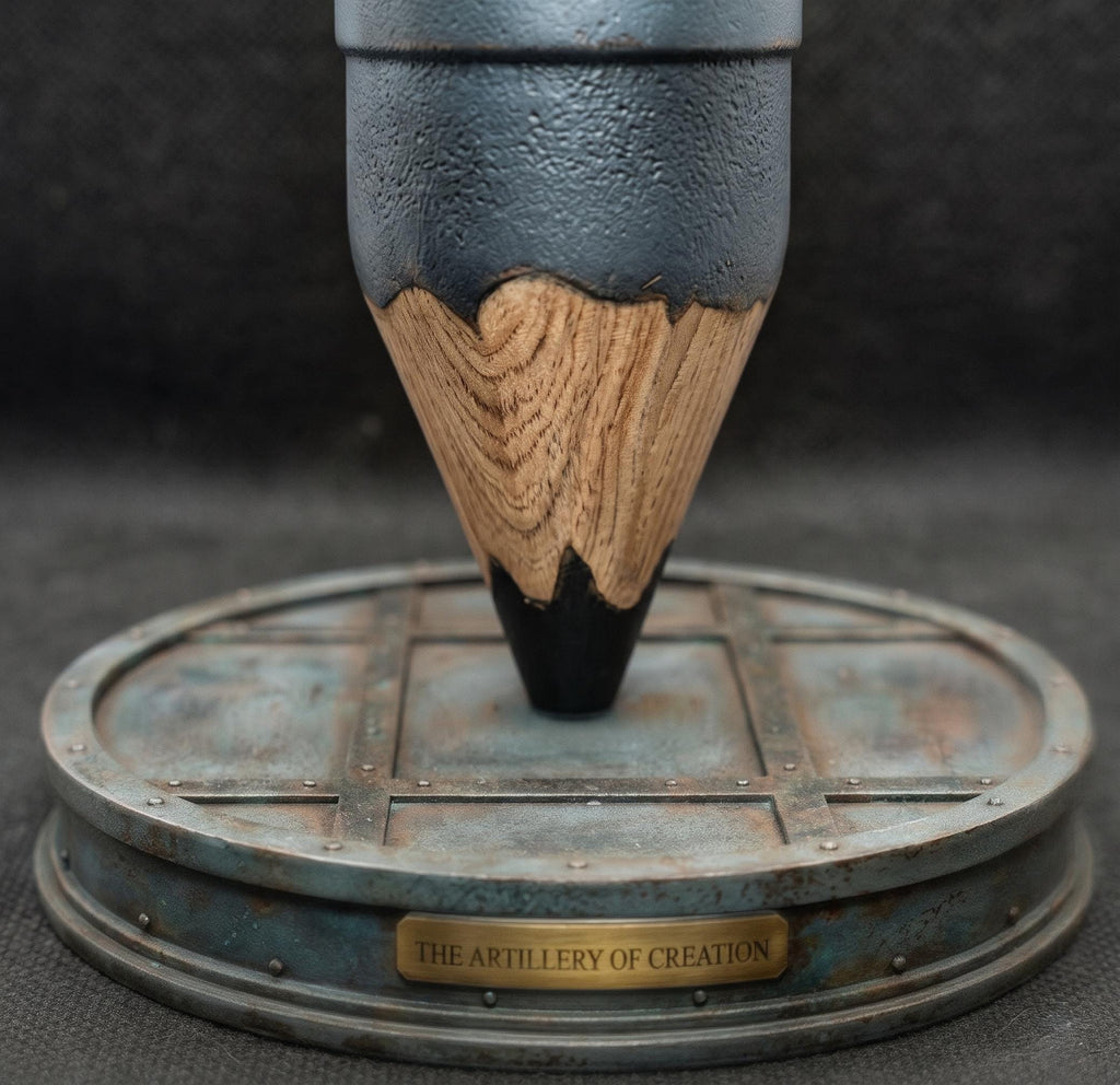 Bomb Pencil Desk Sculpture, wood grain, industrial base, brass plaque