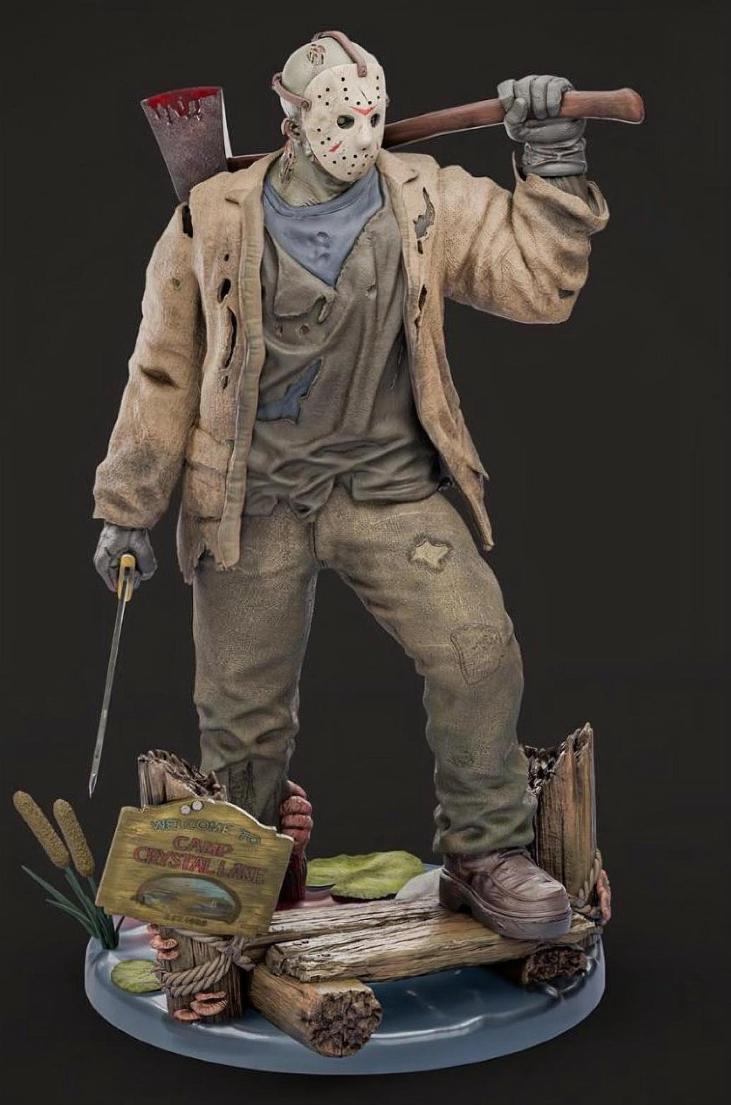 Hand-Painted Hockey Mask Killer Statue – 3D Printed Horror