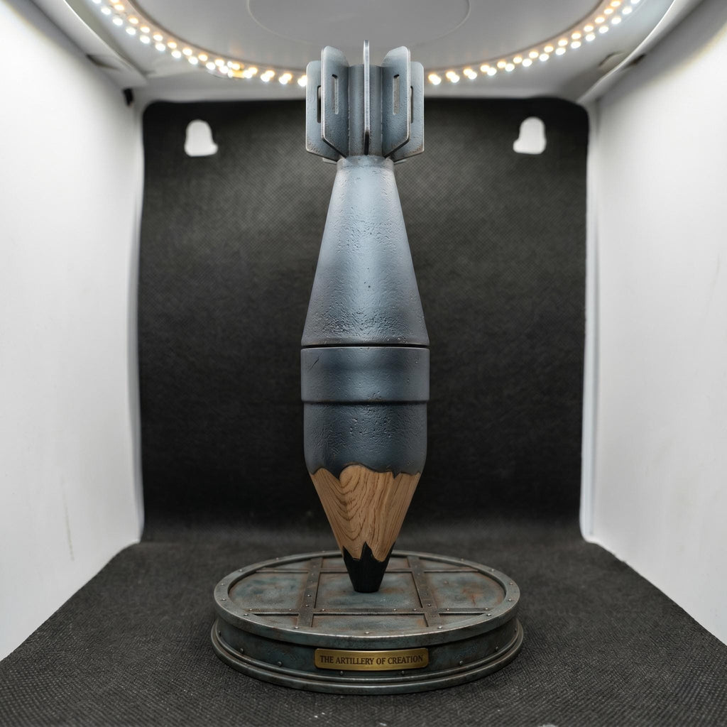 Bomb Pencil Desk Sculpture, wood grain, industrial base, brass plaque