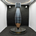 Bomb Pencil Desk Sculpture, wood grain, industrial base, brass plaque