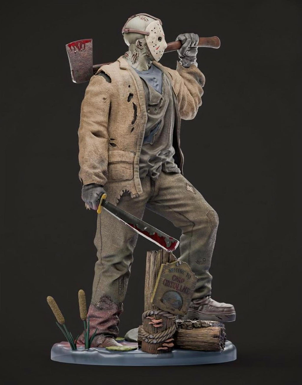 Hand-Painted Hockey Mask Killer Statue – 3D Printed Horror
